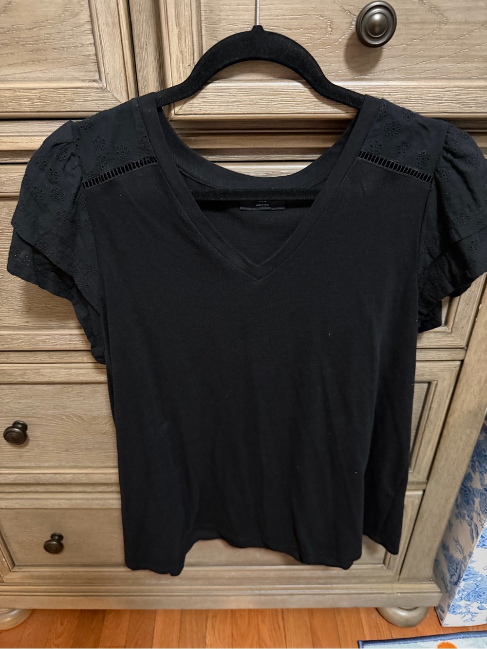 Lane Bryant Black V-Neck Top with Eyelet Puff Sleeves